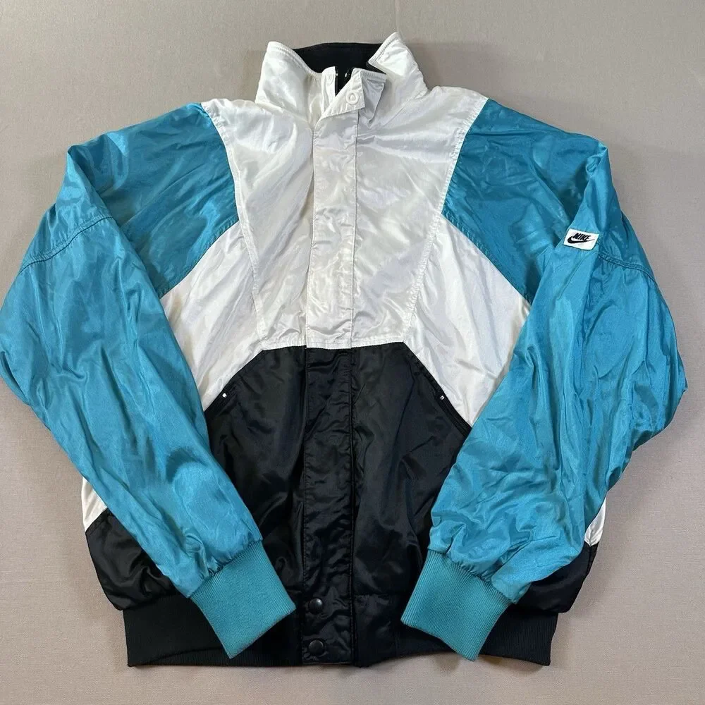 Vintage Nike Jacket Mens Large Blue Black Colorblock Lined Windbreaker  80s